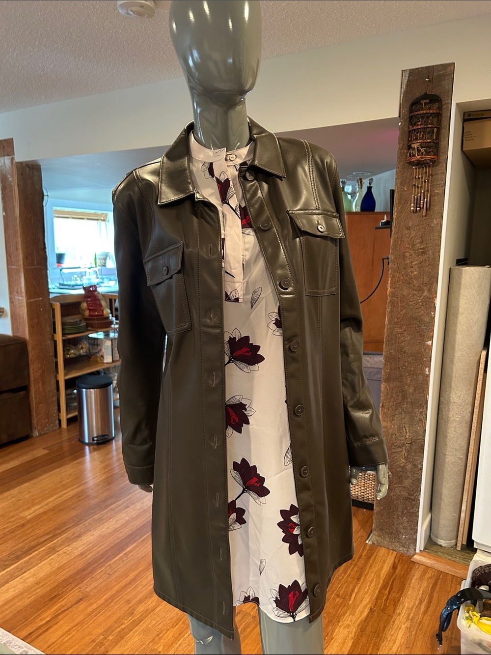 OAK + FORT Dark Brown Faux Leather Button-Front Coat